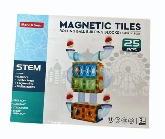 Maru And Sons STEM Magnetic Tiles Building Blocks, 25 Pieces Rolling Ball Track Set