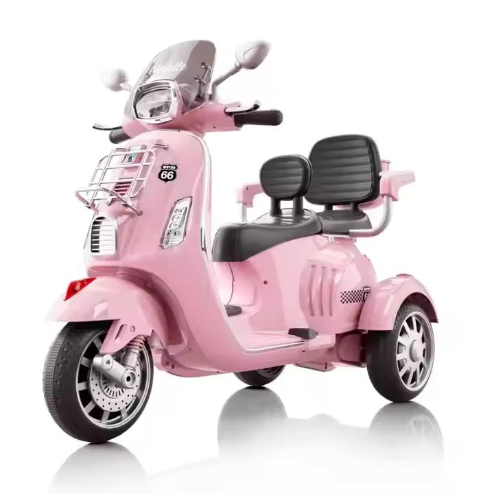 Rainbow Toys Vespa 12v Battery Operated Rechargeable Ride On Scooter with Music & Lights (Pink, Double Seater)