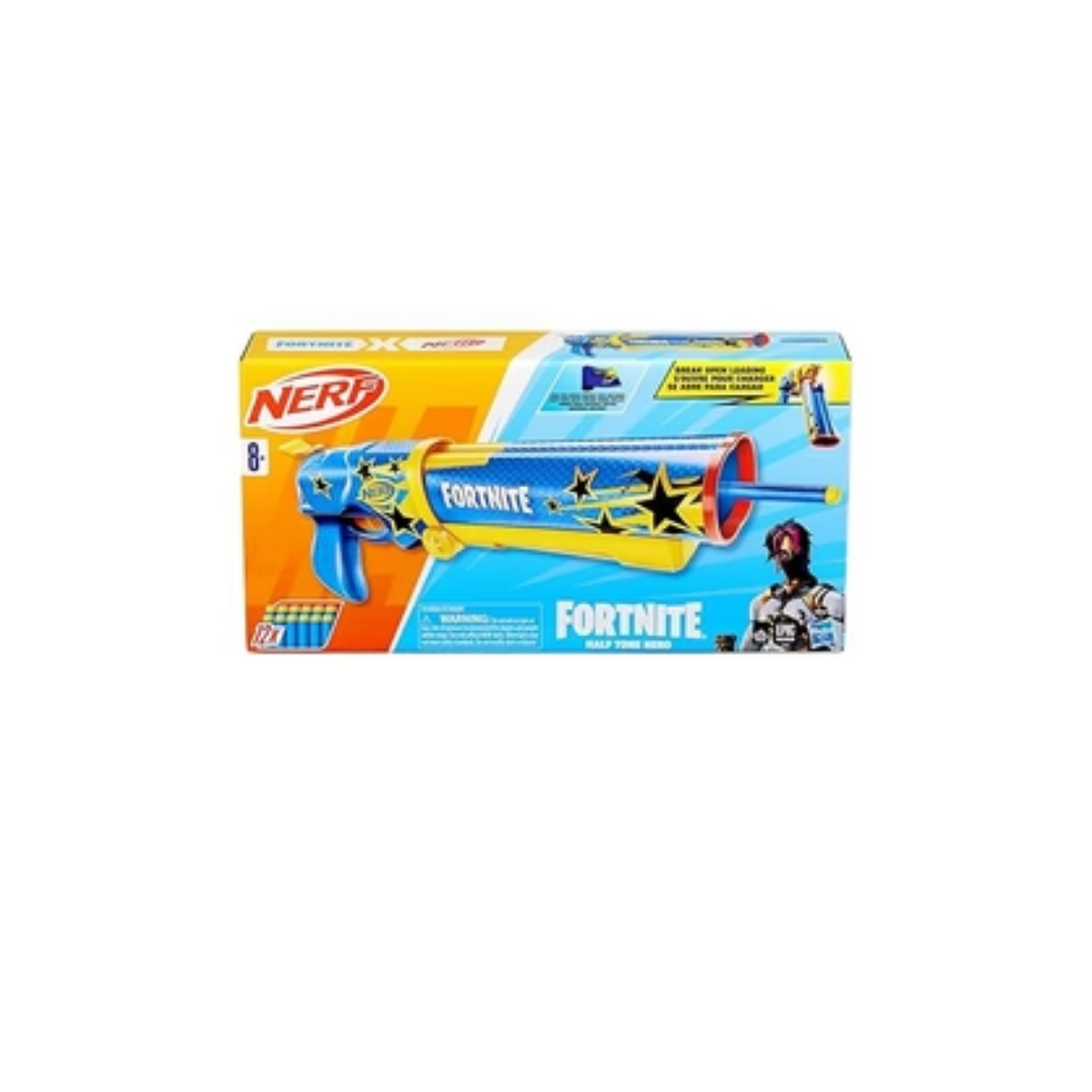 Nerf Fortnite Half Tone Hero Blaster, Bonus Code to Unlock Half Tone Hero Wrap in The Game, Break Open Loading, 12 Nerf Elite Darts, Fortnite Gun