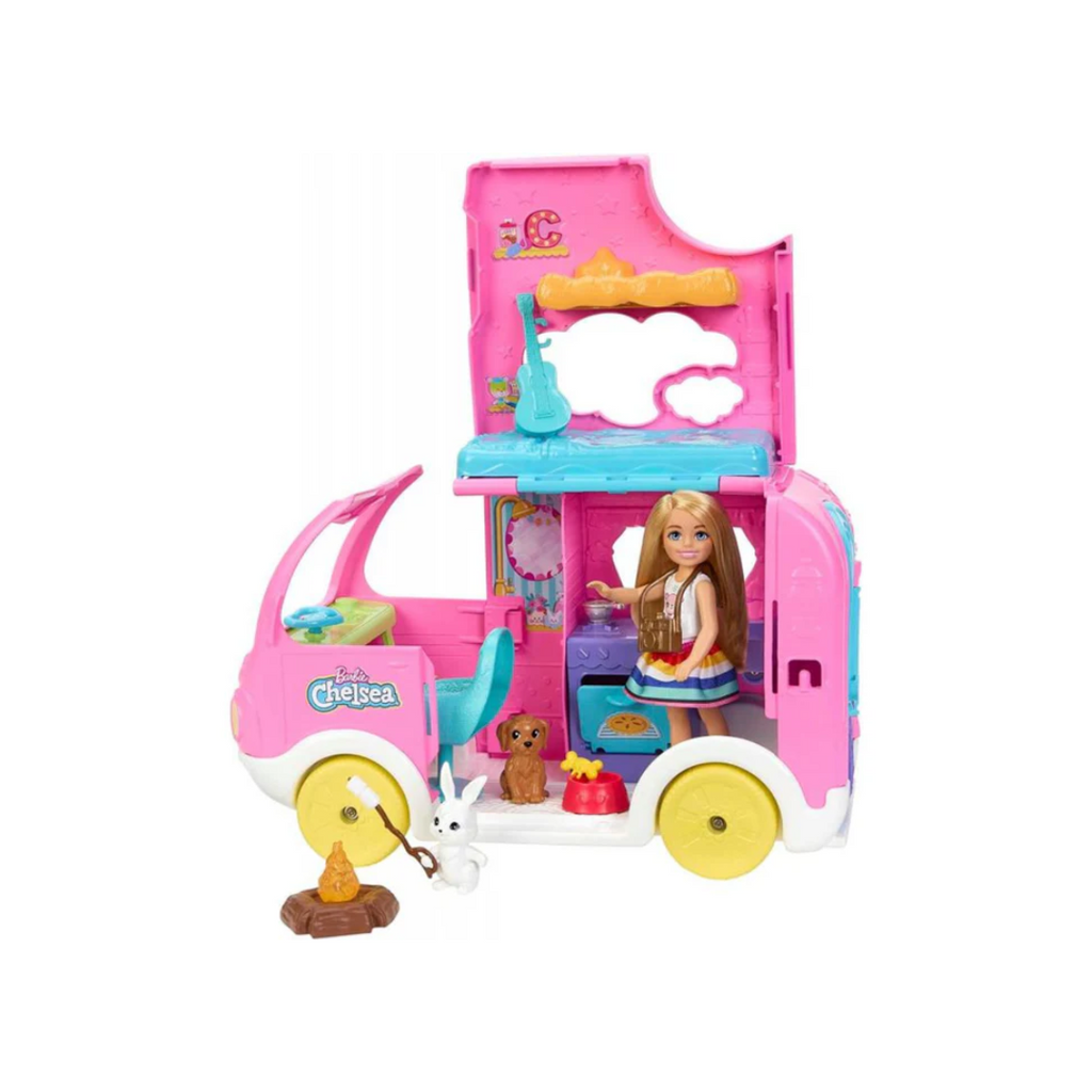 Mattel Barbie Chelsea 2-in-1 Camper Playset With Chelsea Small Doll, 2 Pets and Accessories