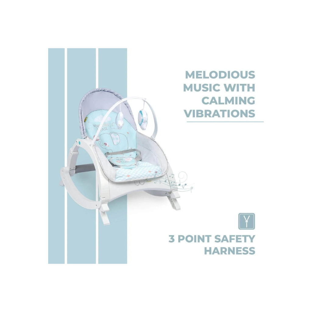 R For Rabbit 3 in 1 Rock N Play Rocker - Adjustable Backrest Recline, Detachable Toy Bar, Soothing Music & Vibration, Adjustable Green Grey