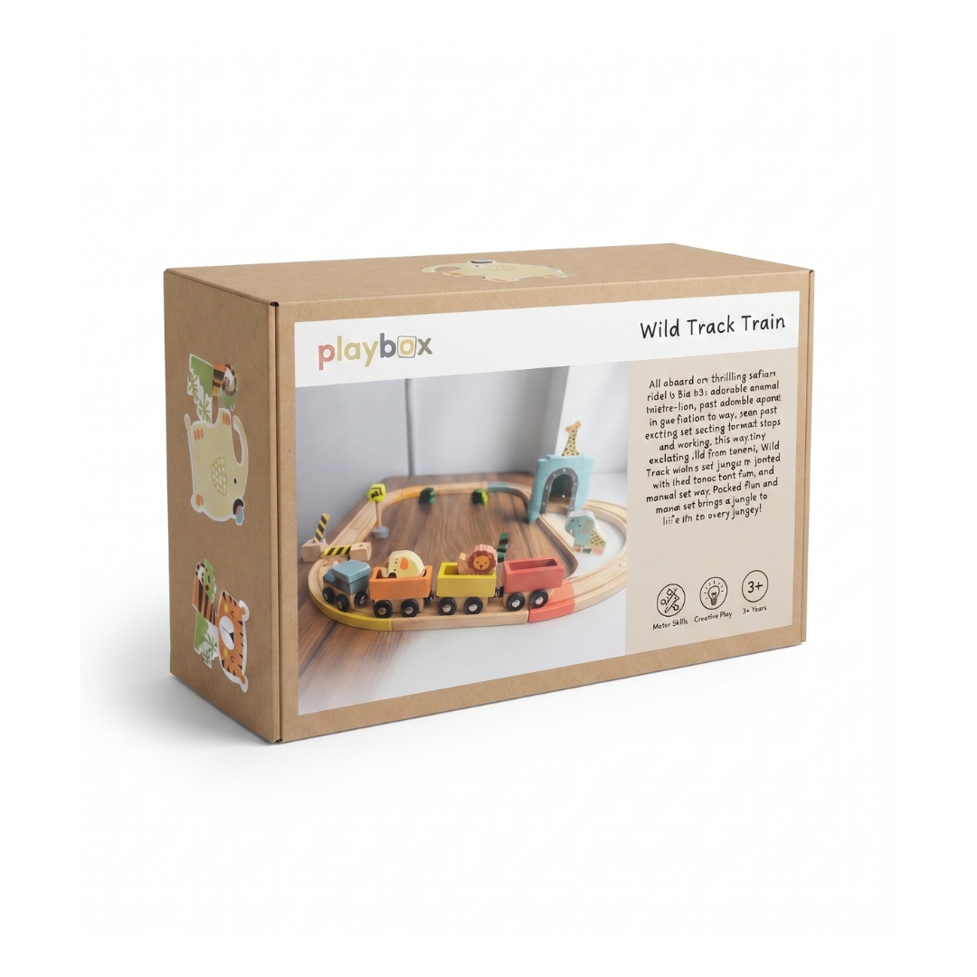 Playbox Wild Track Train – Safari Wooden Railway Set with 3 Animal Figures & Tunnel for Kids