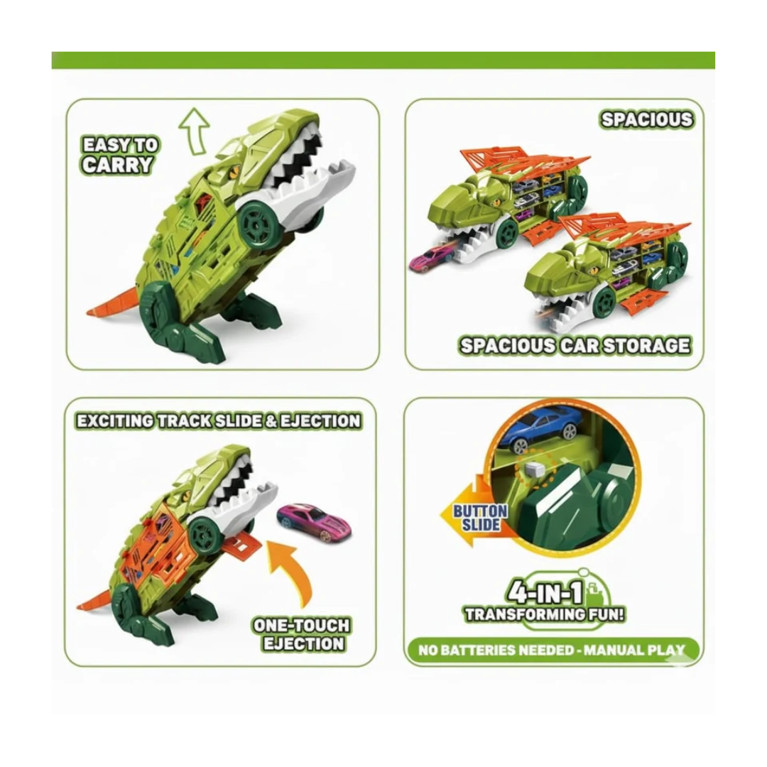 Dino Parking Lot 2-in-1 Transforming Dinosaur Car Carrier Truck Playset with Alloy Cars