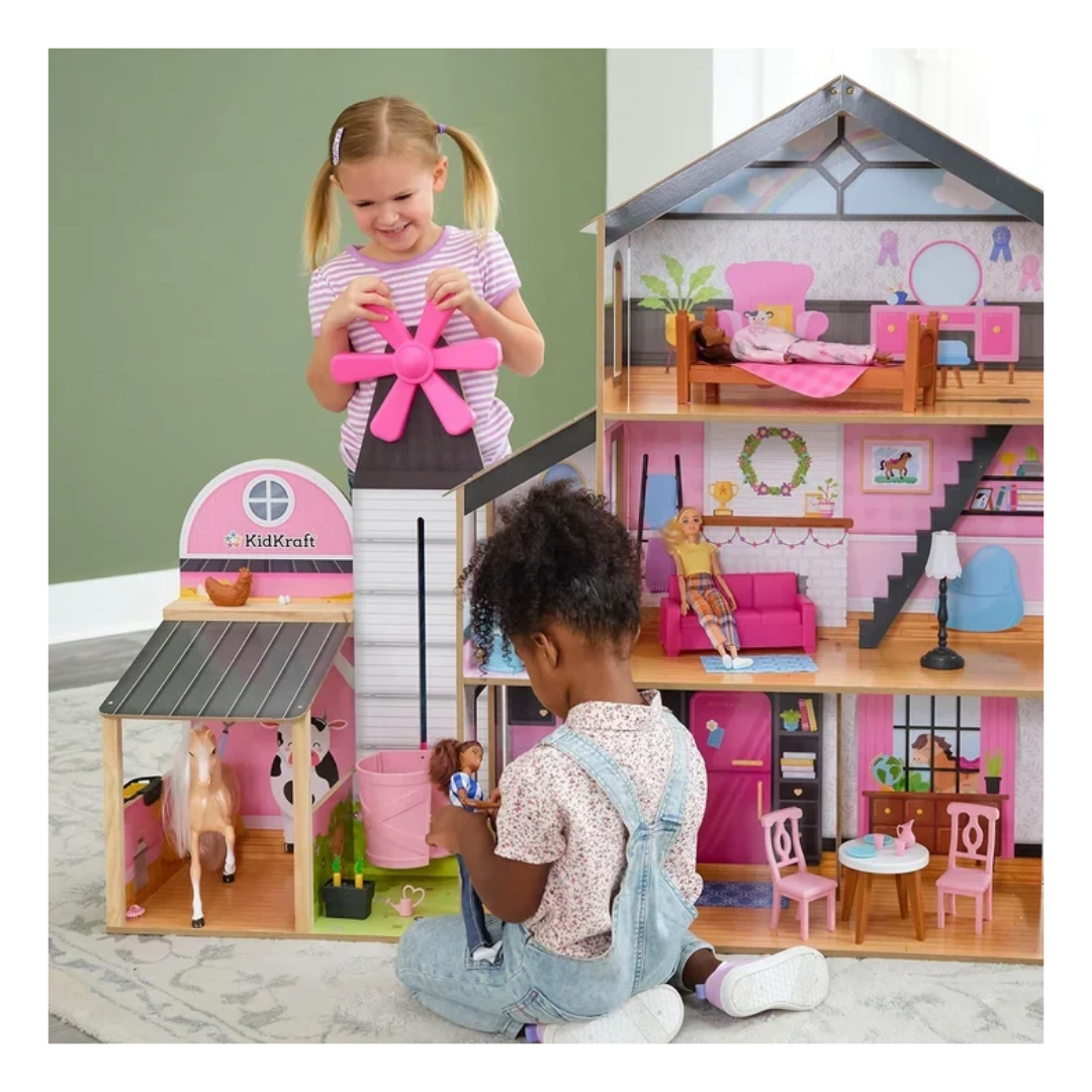 KidKraft Windmill Elevator 2-in-1 Wooden Barn & Dollhouse with Horse and Lights & Sounds, Over 3 Feet Tall