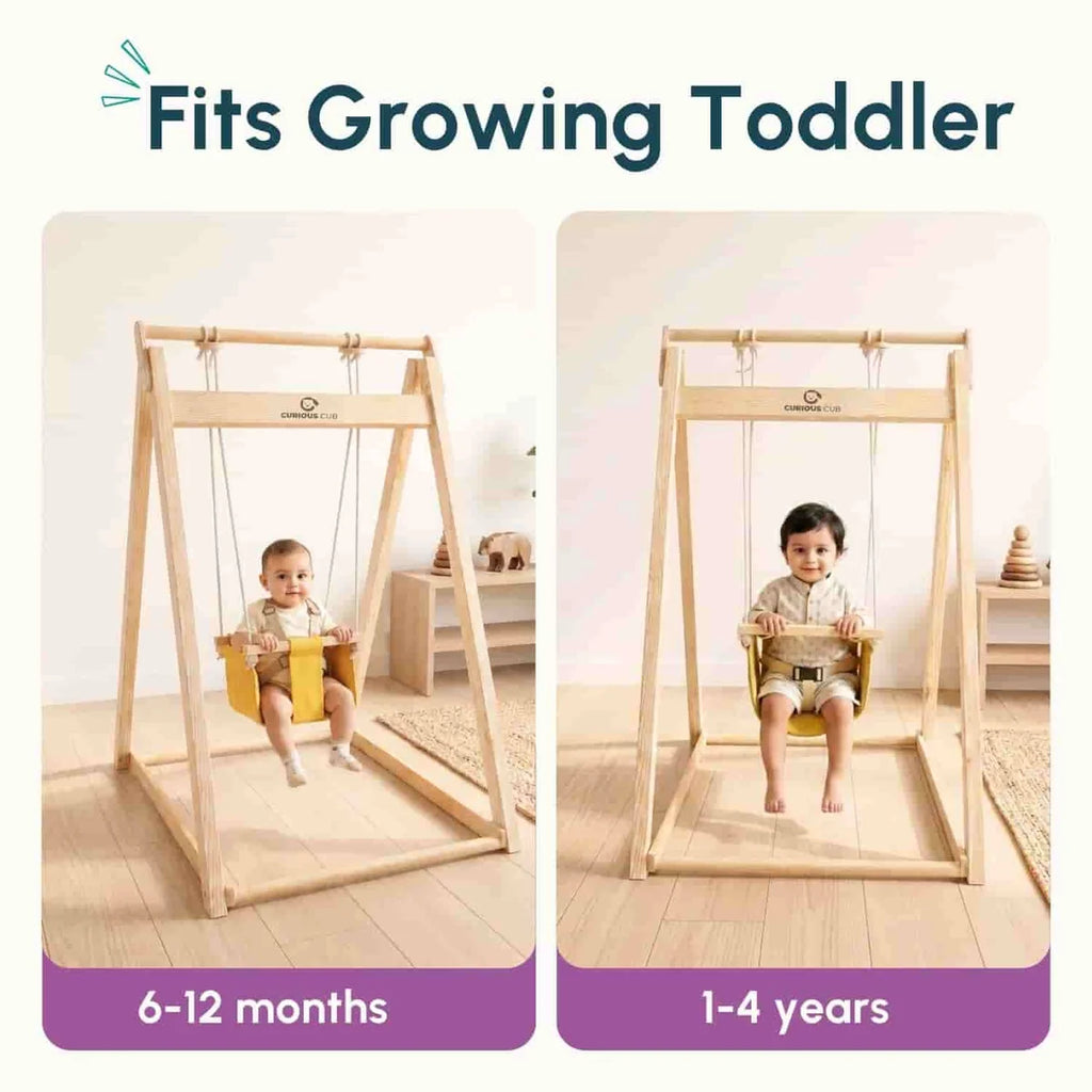 Curious Cub Wooden Baby Swing with Stand – Adjustable & Foldable