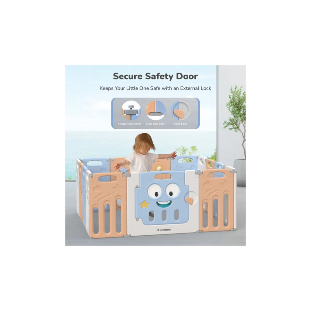 R For Rabbit Joyland Playard For Kids 14-Panel Playard Sturdy and Stable Structure Blue Orange