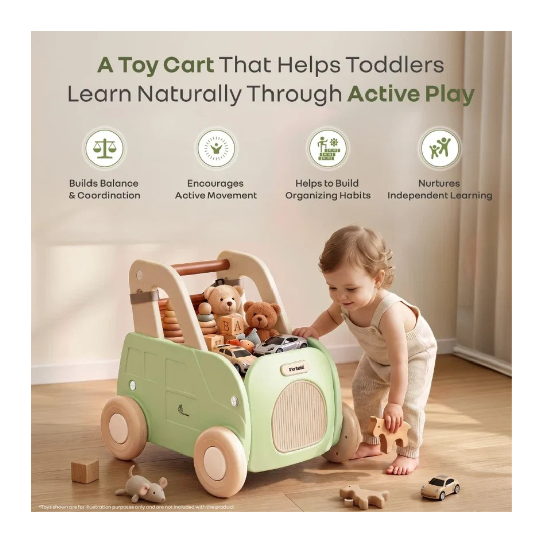 R For Rabbit Kiddie Kart 4 in 1 Kids Toy Storage Cart, Sit & Ride, Push Walker & Pull Along Green Beige