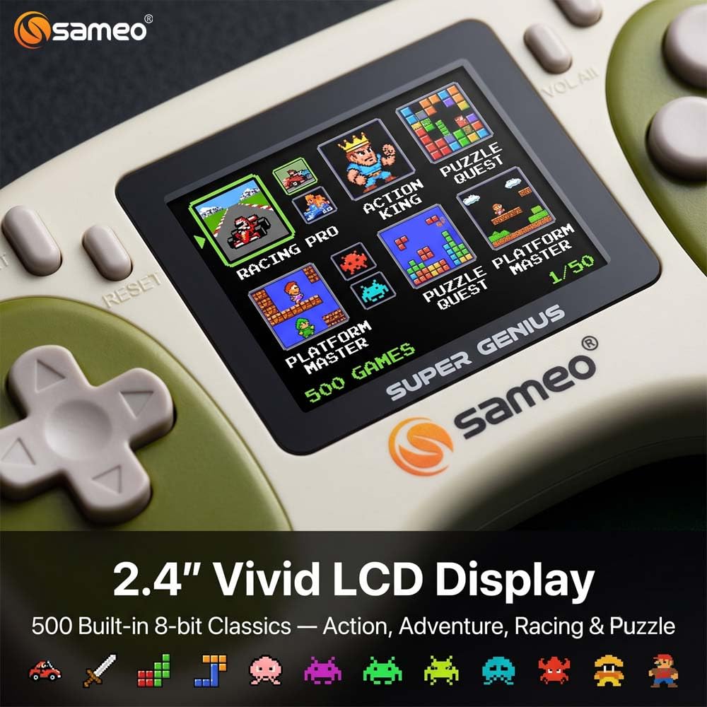 Sameo Super Genius Handheld Gaming Console – 500 Classic Games, 2.4" LCD Screen, 600mAh Battery Green