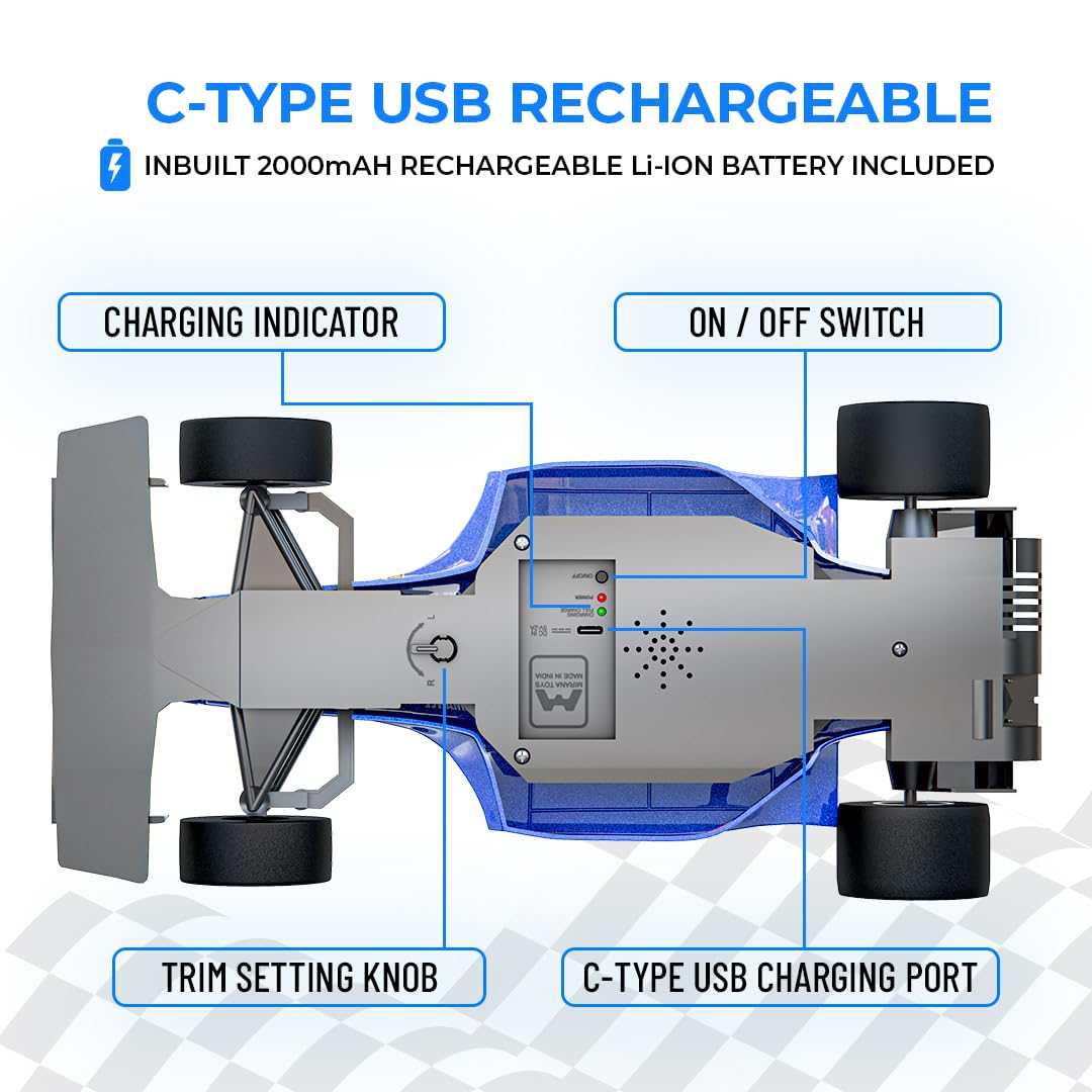 Mirana F1 Super Car USB Rechargable Type-C in-Built Bluetooth Speaker 1:12 Size High-Speed Dual Motor Formula 1 RC Car Long Range Remote & App Controlled
