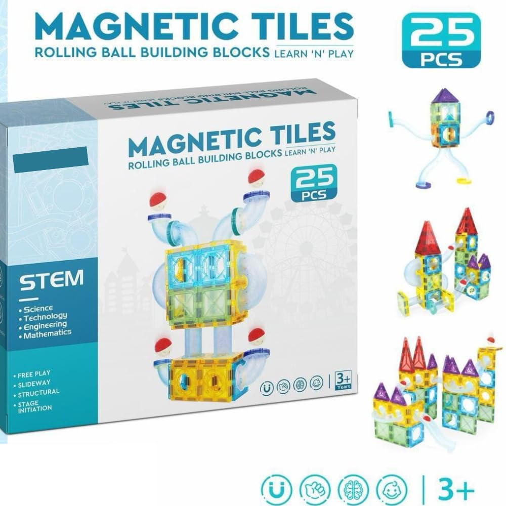 Maru And Sons STEM Magnetic Tiles Building Blocks, 25 Pieces Rolling Ball Track Set
