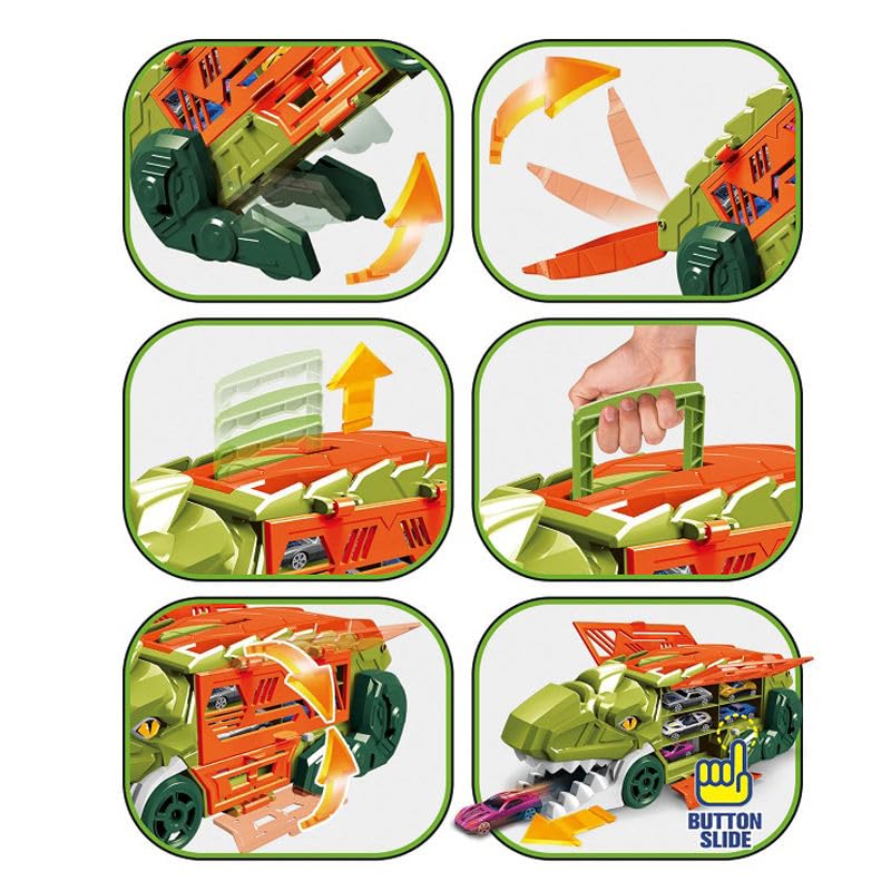 Dino Parking Lot 2-in-1 Transforming Dinosaur Car Carrier Truck Playset with Alloy Cars