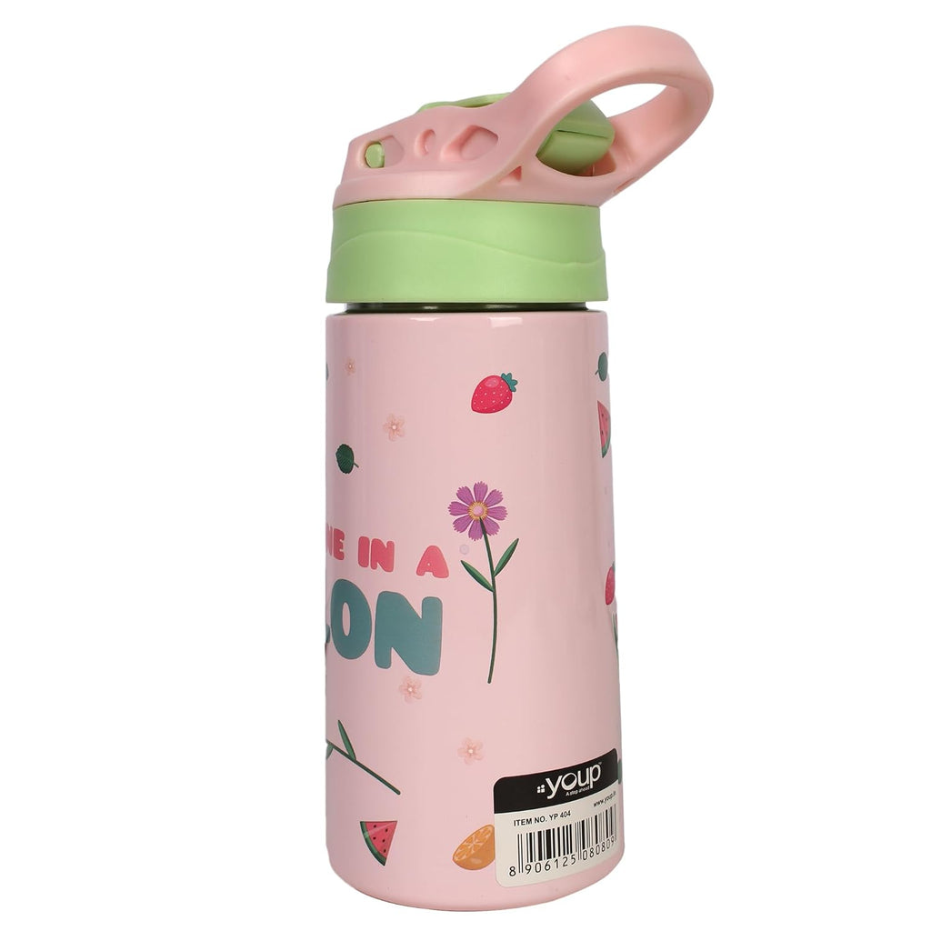 Youp Stainless Steel Insulated Green Color Dinasour Theme Kids Anti-dust Sipper Bottle Tinkler - 400 ml