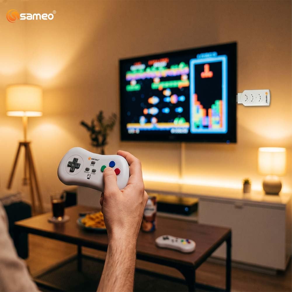 Sameo Micro Genius 2.0 White 8-Bit HDMI Gaming Console 800 Built-in Classic Games Dual Wireless Controllers