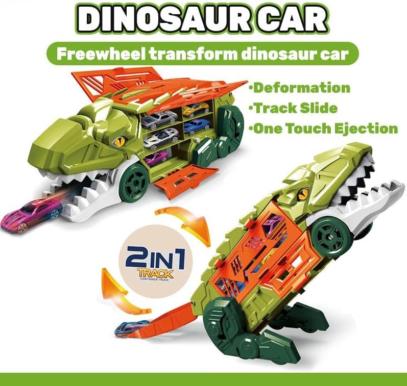 Dino Parking Lot 2-in-1 Transforming Dinosaur Car Carrier Truck Playset with Alloy Cars