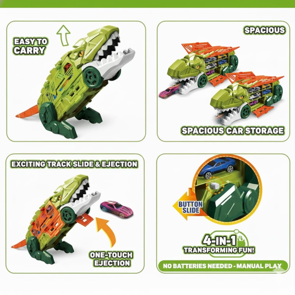 Dino Parking Lot 2-in-1 Transforming Dinosaur Car Carrier Truck Playset with Alloy Cars