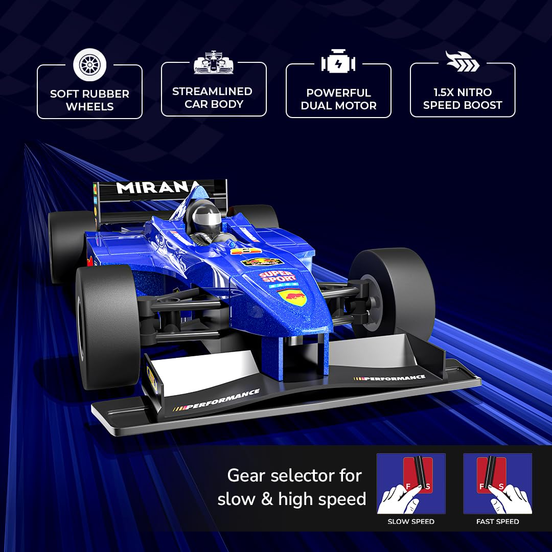 Mirana F1 Super Car USB Rechargable Type-C in-Built Bluetooth Speaker 1:12 Size High-Speed Dual Motor Formula 1 RC Car Long Range Remote & App Controlled