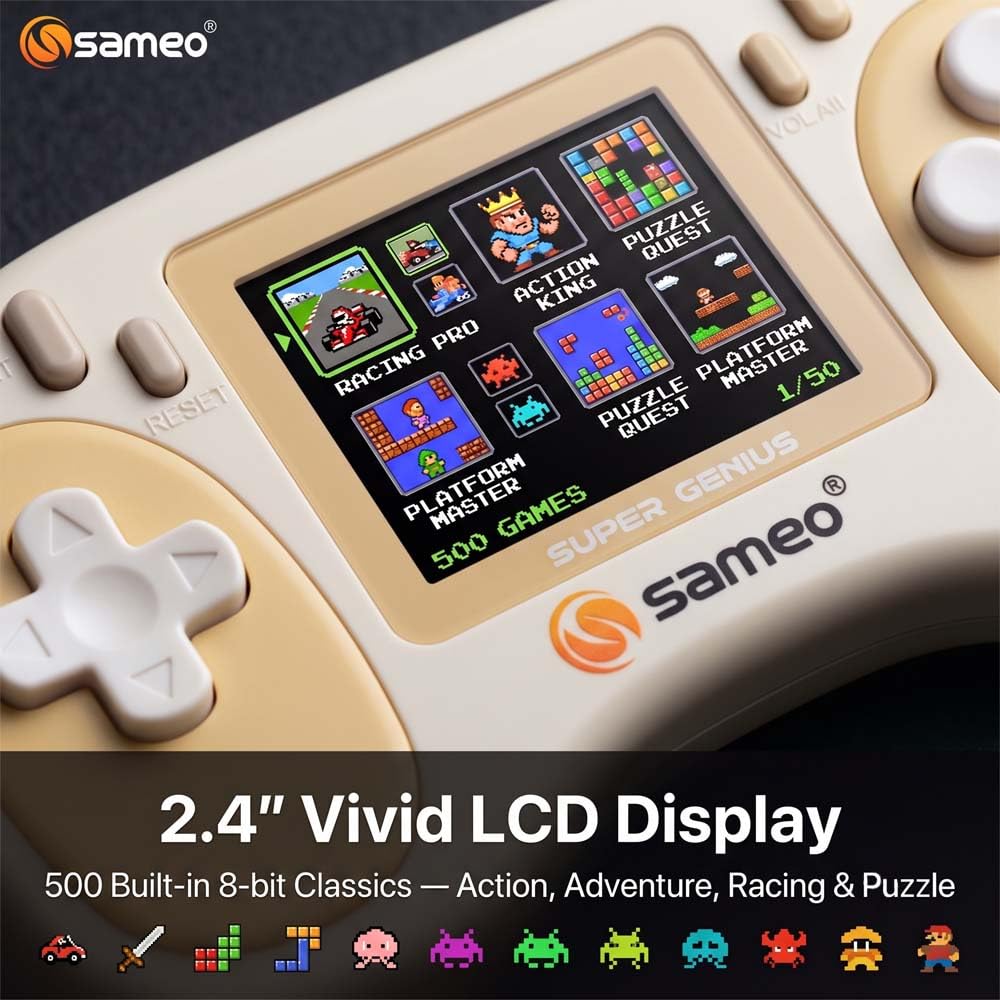 Sameo Super Genius Handheld Gaming Console with 500 Classic 8-Bit Games Pink