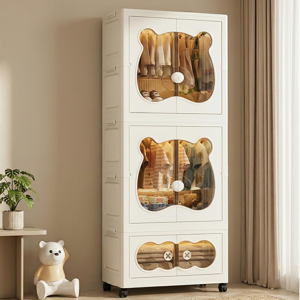 Rainbow Toys Kids Bear Wardrobe Multifunctional Collapsible Plastic Wardrobe Almirah for Kids- Storage Cabinet