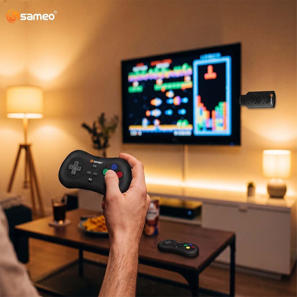 Sameo Micro Genius 2.0 8-Bit HDMI Gaming Console 800 Built-in Classic Games Dual Wireless Controllers Black