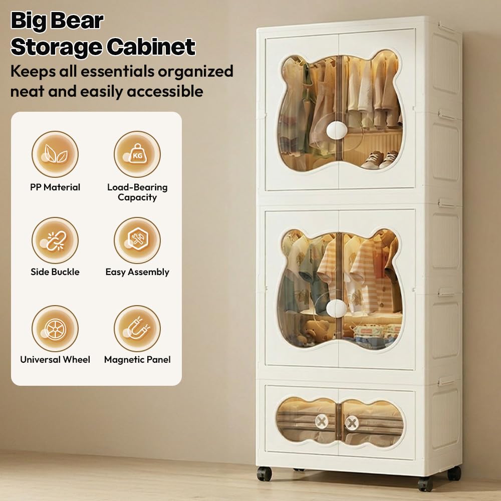 Rainbow Toys Kids Bear Wardrobe Multifunctional Collapsible Plastic Wardrobe Almirah for Kids- Storage Cabinet