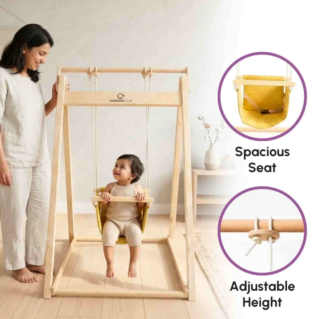 Curious Cub Wooden Baby Swing with Stand – Adjustable & Foldable