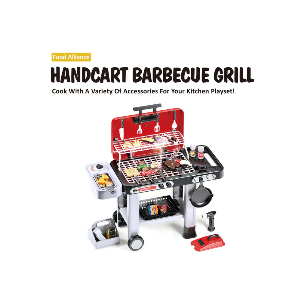 Food Allince Kitchen Play Set Plastic Simulation Handcart BBQ Grill with Electric Flat Grills & Spray Real Cooking Playset