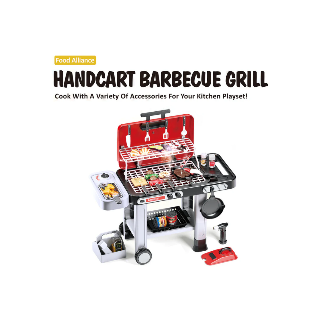 Food Allince Kitchen Play Set Plastic Simulation Handcart BBQ Grill with Electric Flat Grills & Spray Real Cooking Playset