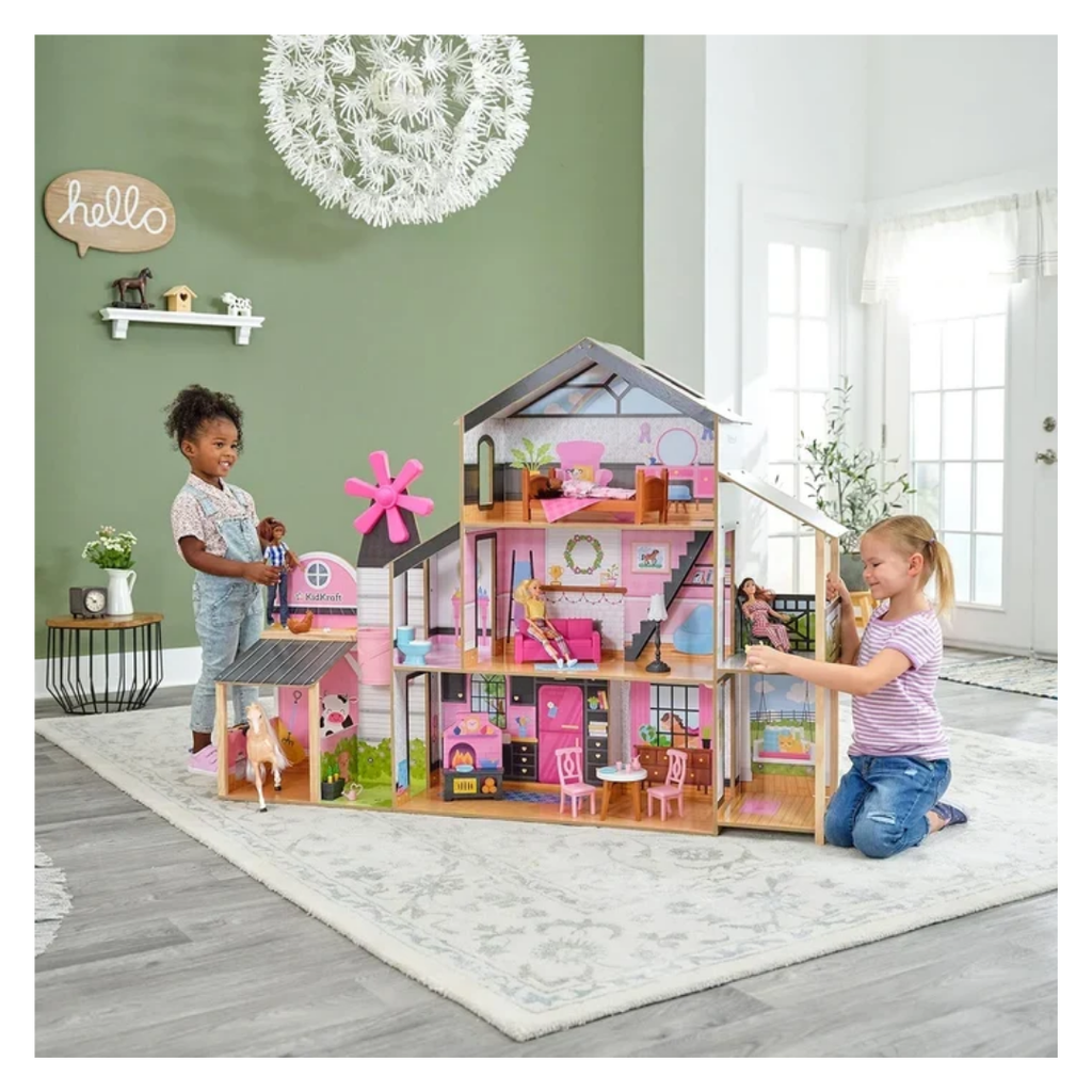 KidKraft Windmill Elevator 2-in-1 Wooden Barn & Dollhouse with Horse and Lights & Sounds, Over 3 Feet Tall