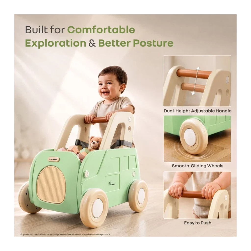 R For Rabbit Kiddie Kart 4 in 1 Kids Toy Storage Cart, Sit & Ride, Push Walker & Pull Along Green Beige