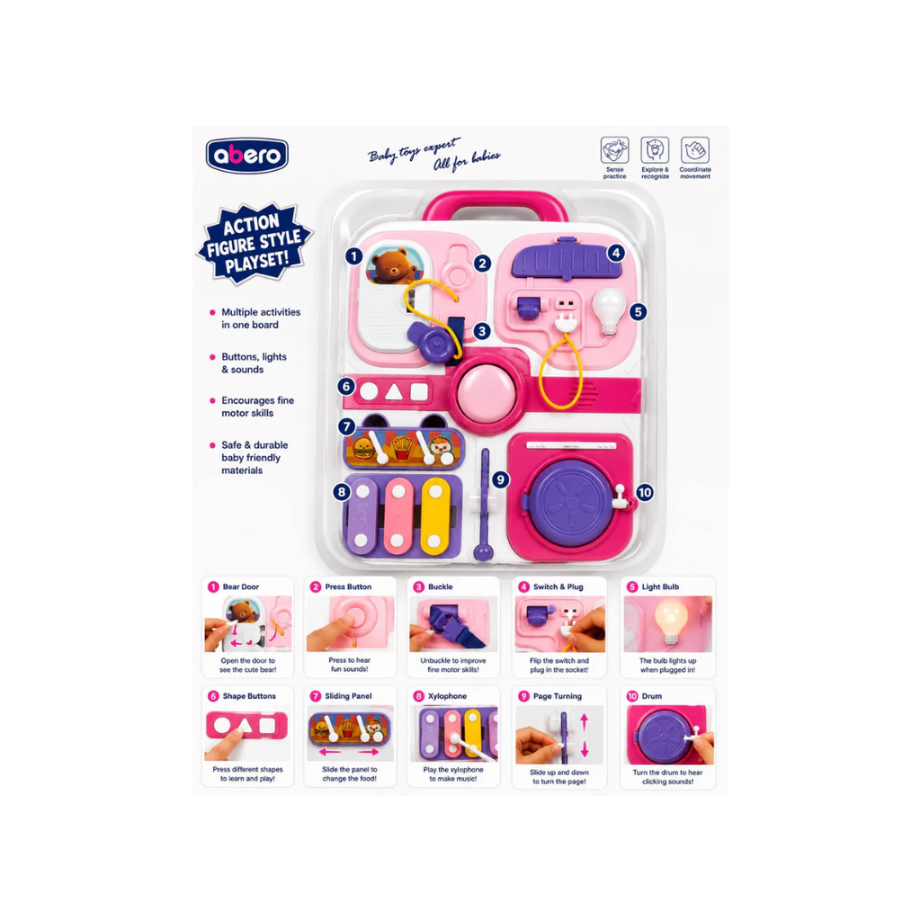 Abero Montessori Busy Board Sensory Activity Board with Switches, Locks, Buttons, Light & Learning Activities
