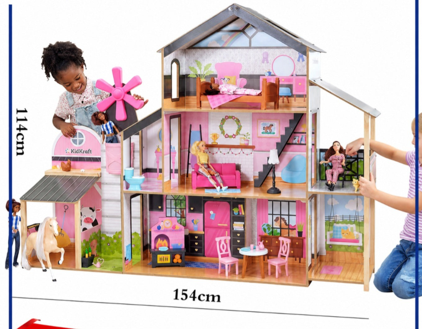 KidKraft Windmill Elevator 2-in-1 Wooden Barn & Dollhouse with Horse and Lights & Sounds, Over 3 Feet Tall