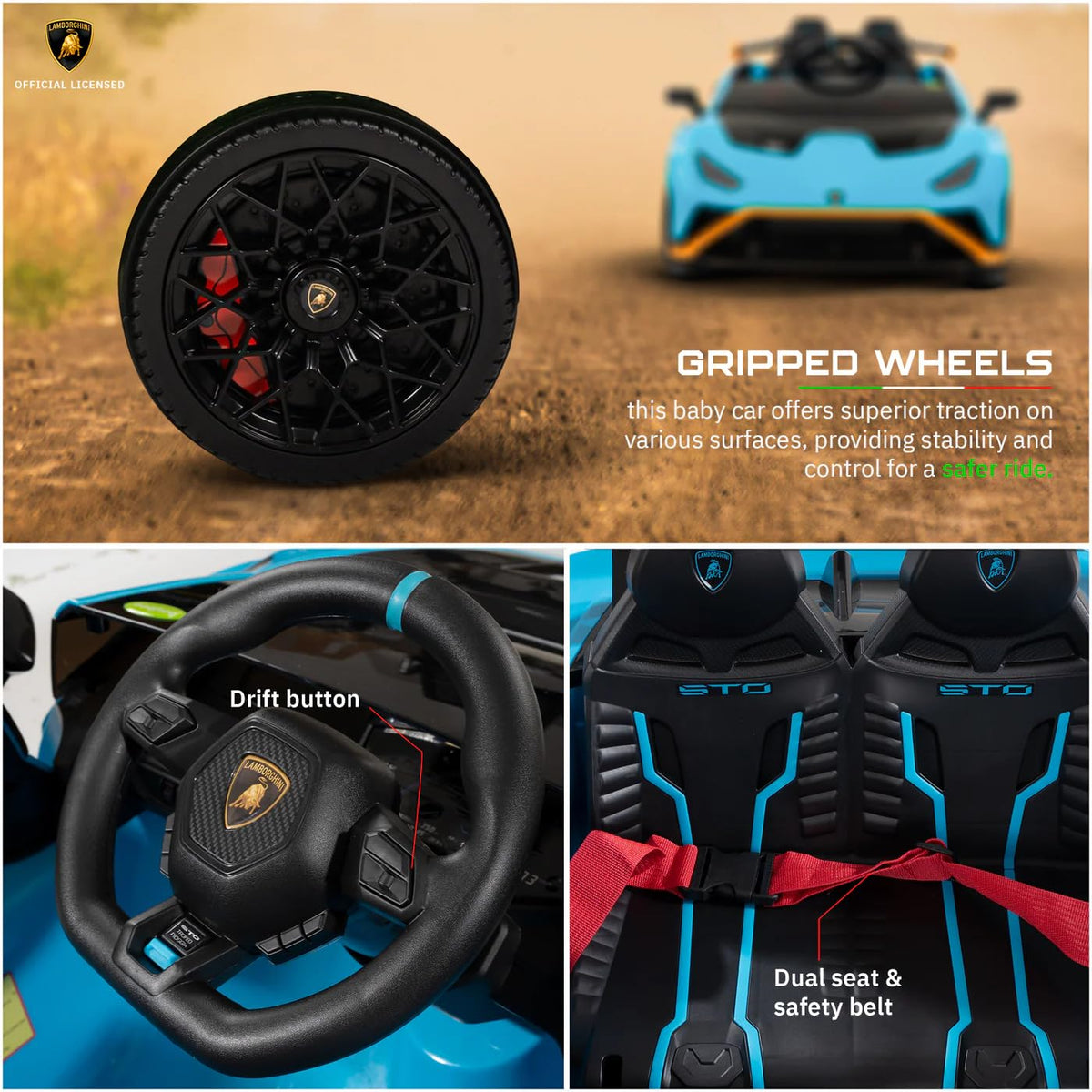 Licensed Lamborghini STO 12V Battery Operated Ride-On Car for Kids | Dual Motor | Blue