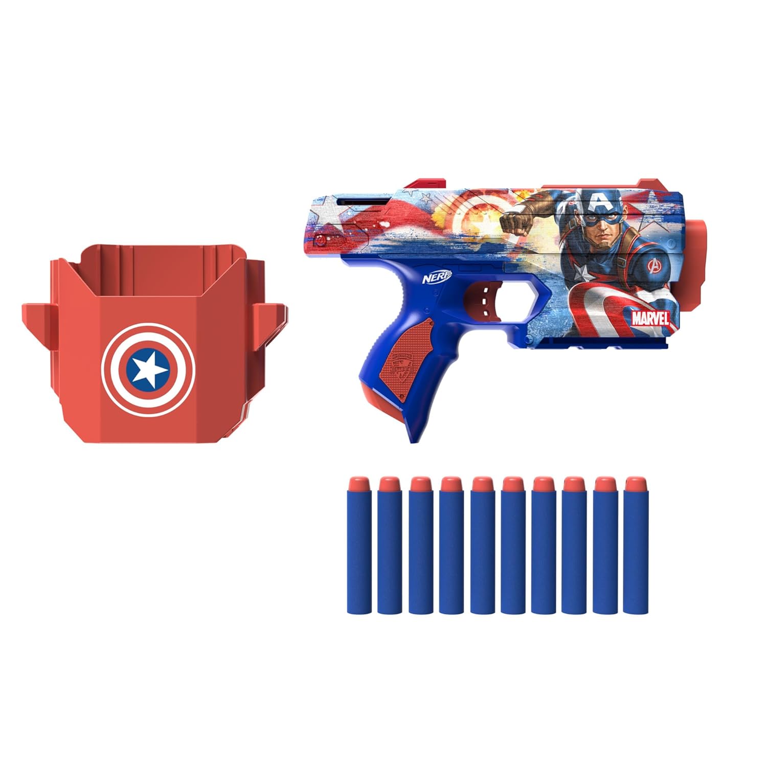 Hasbro Nerf Marvel Captain America Dart Blaster, 10 Nerf Elite Darts