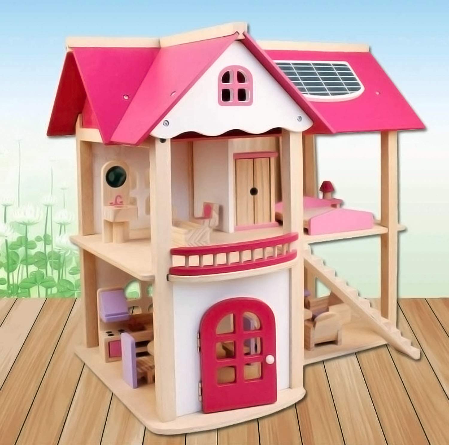 Premium Wooden Pink Doll House for Kids with Furniture & Staircase – 3 Storey Pretend Play House