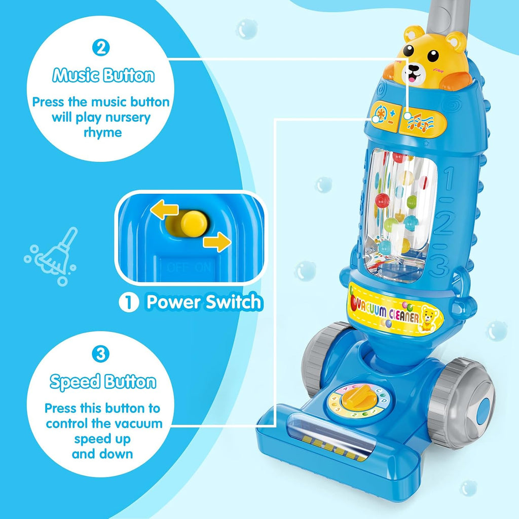 Cute Bear Magical Vacuum Cleaner Toy with Interactive Lights, Melodies & Floor Roller for Kids