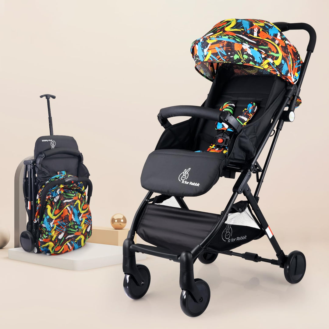 R for Rabbit Pocket Stroller Lite One Hand Fold, Multi Recline, Light Weight, Travel Friendly, Adjustable Canopy, Steel Frame, Link Brake- Black Multi
