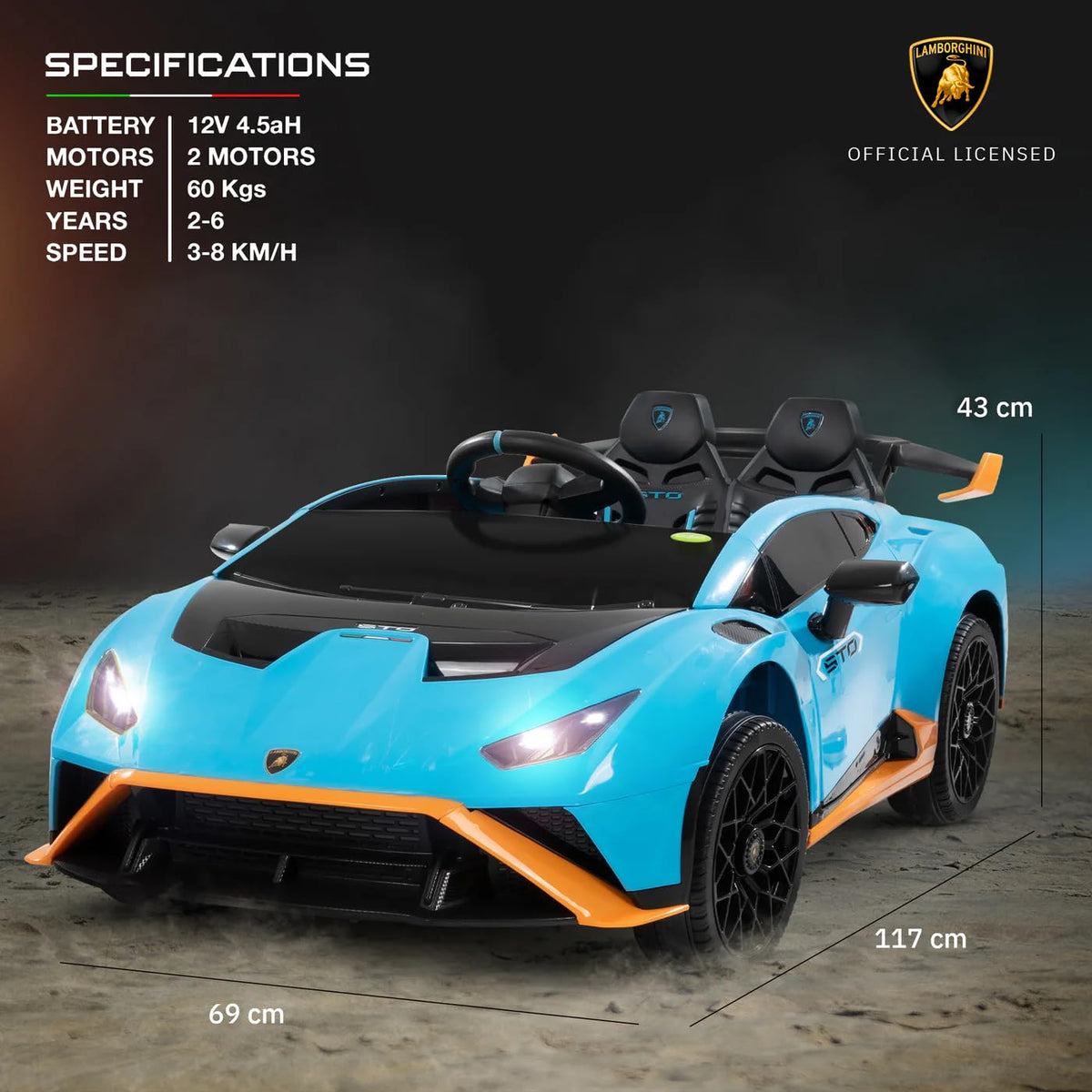 Licensed Lamborghini STO 12V Battery Operated Ride-On Car for Kids | Dual Motor | Blue