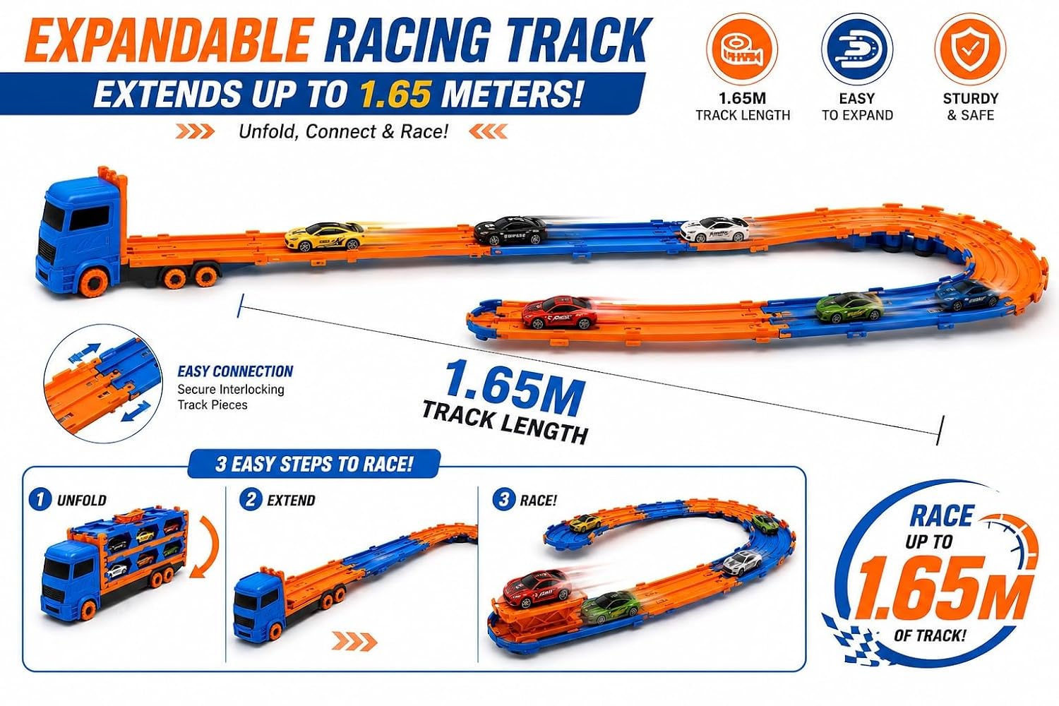 Fold Track Car Transporter Toy Truck with Race Track & 6 Die-Cast Cars