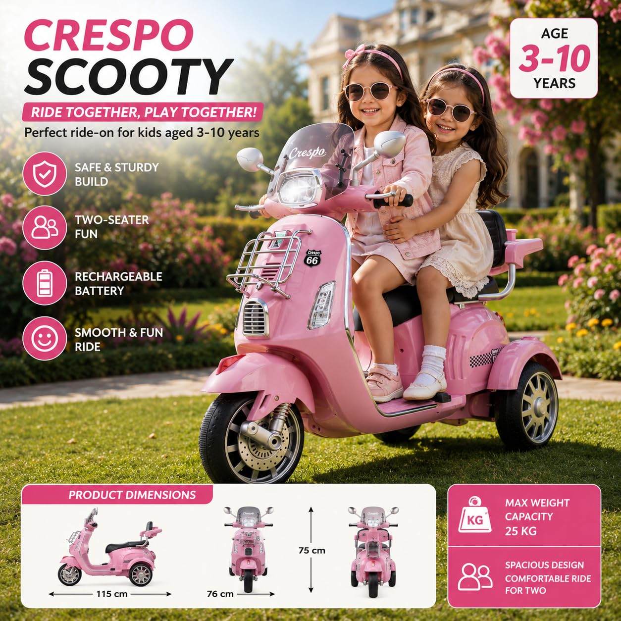 Rainbow Toys Vespa 12v Battery Operated Rechargeable Ride On Scooter with Music & Lights (Pink, Double Seater)