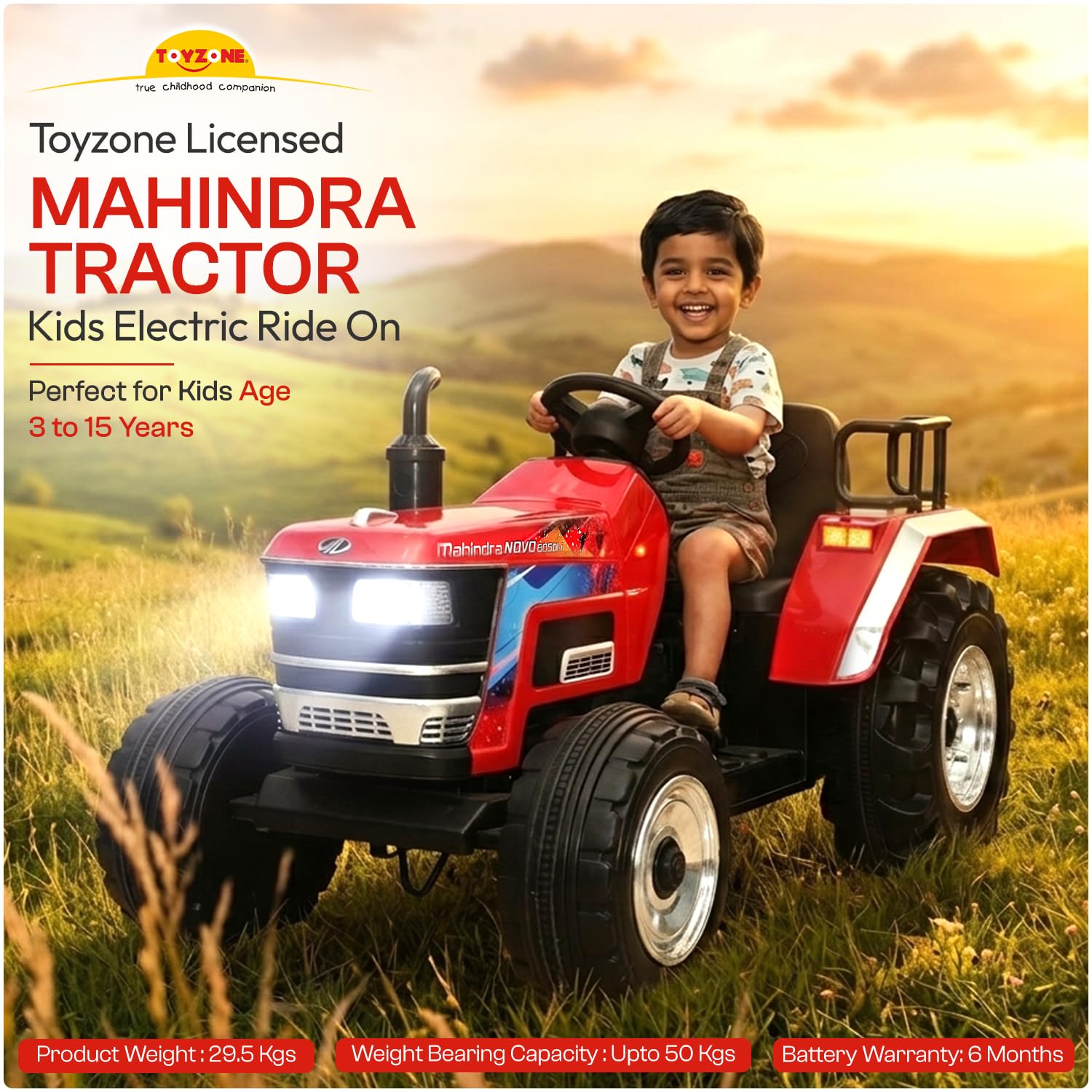 Toyzone Licensed Mahindra Electric Tractor Rechargeable Ride on with 12V 12AH Battery LED Lights, MP3 Music-USB