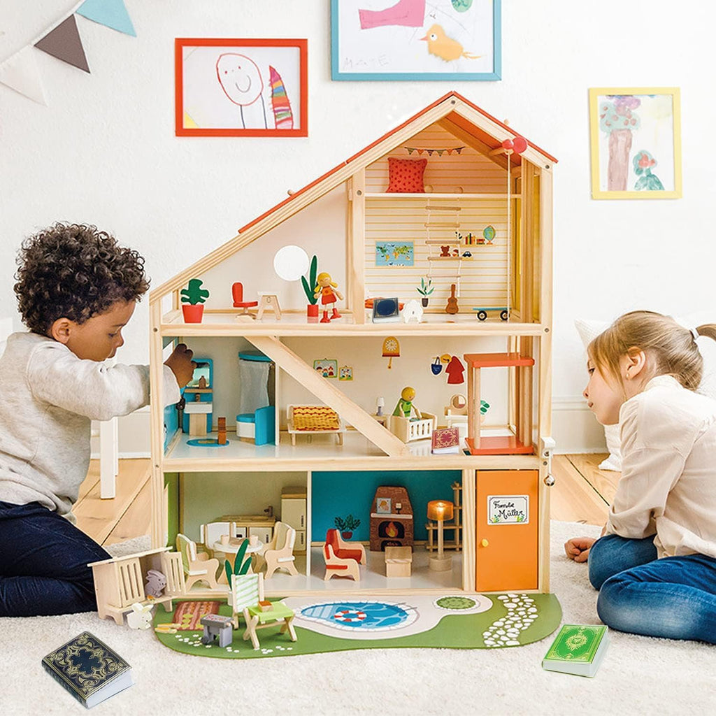 Rainbow Toys Open wooden dollhouse – 2 floors with furniture