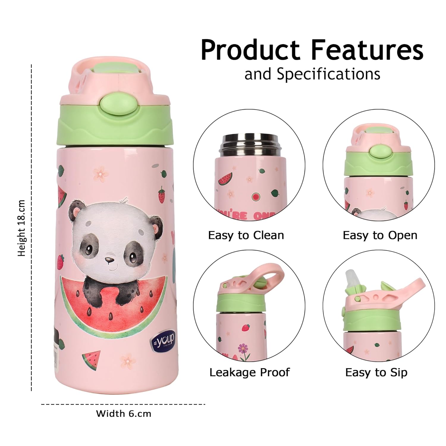 Youp Stainless Steel Insulated Green Color Dinasour Theme Kids Anti-dust Sipper Bottle Tinkler - 400 ml