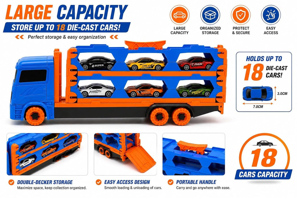Fold Track Car Transporter Toy Truck with Race Track & 6 Die-Cast Cars