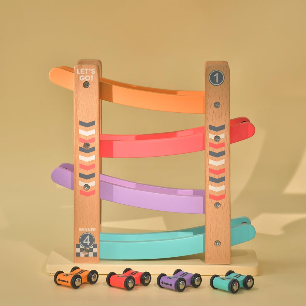 Playbox Speedy Wheels Pop's Place  – Wooden Ramp Racer Toy with Mini Cars for Toddlers