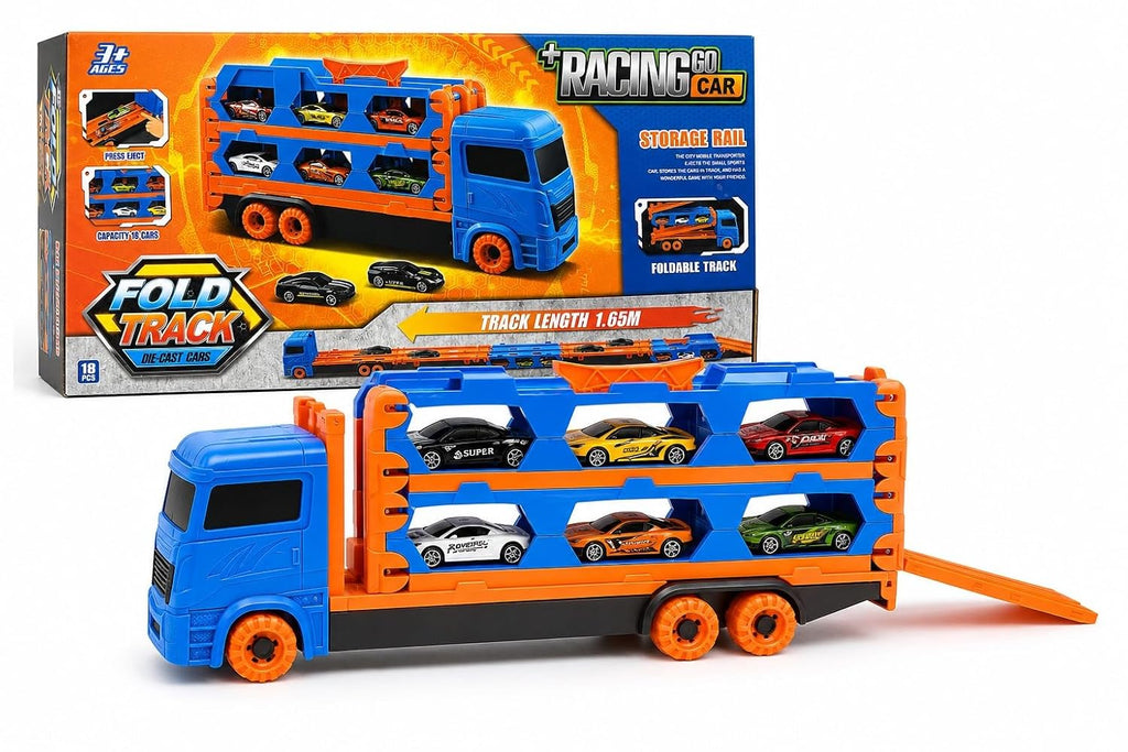 Fold Track Car Transporter Toy Truck with Race Track & 6 Die-Cast Cars