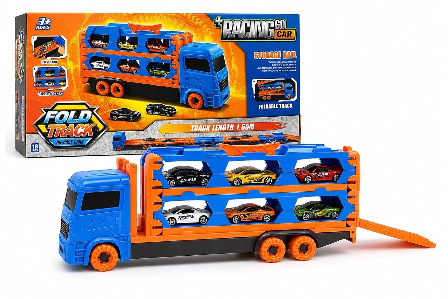 Fold Track Car Transporter Toy Truck with Race Track & 6 Die-Cast Cars