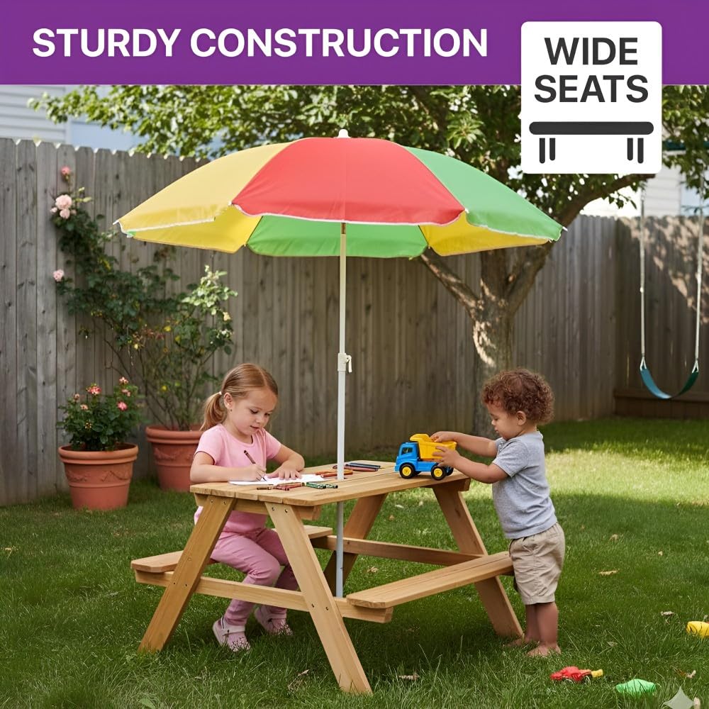 Plum Rectangular Wooden Kids Picnic Table with Adjustable Parasol | Outdoor Activity Table with Benches | Natural Wood