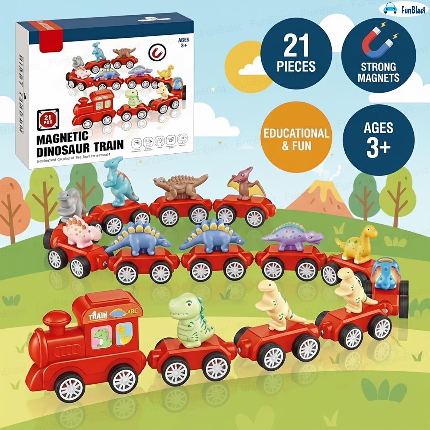 Magnetic Dinosaur Train Toy – 21 Pcs Dinosaur Educational Train Set for Kids 3+