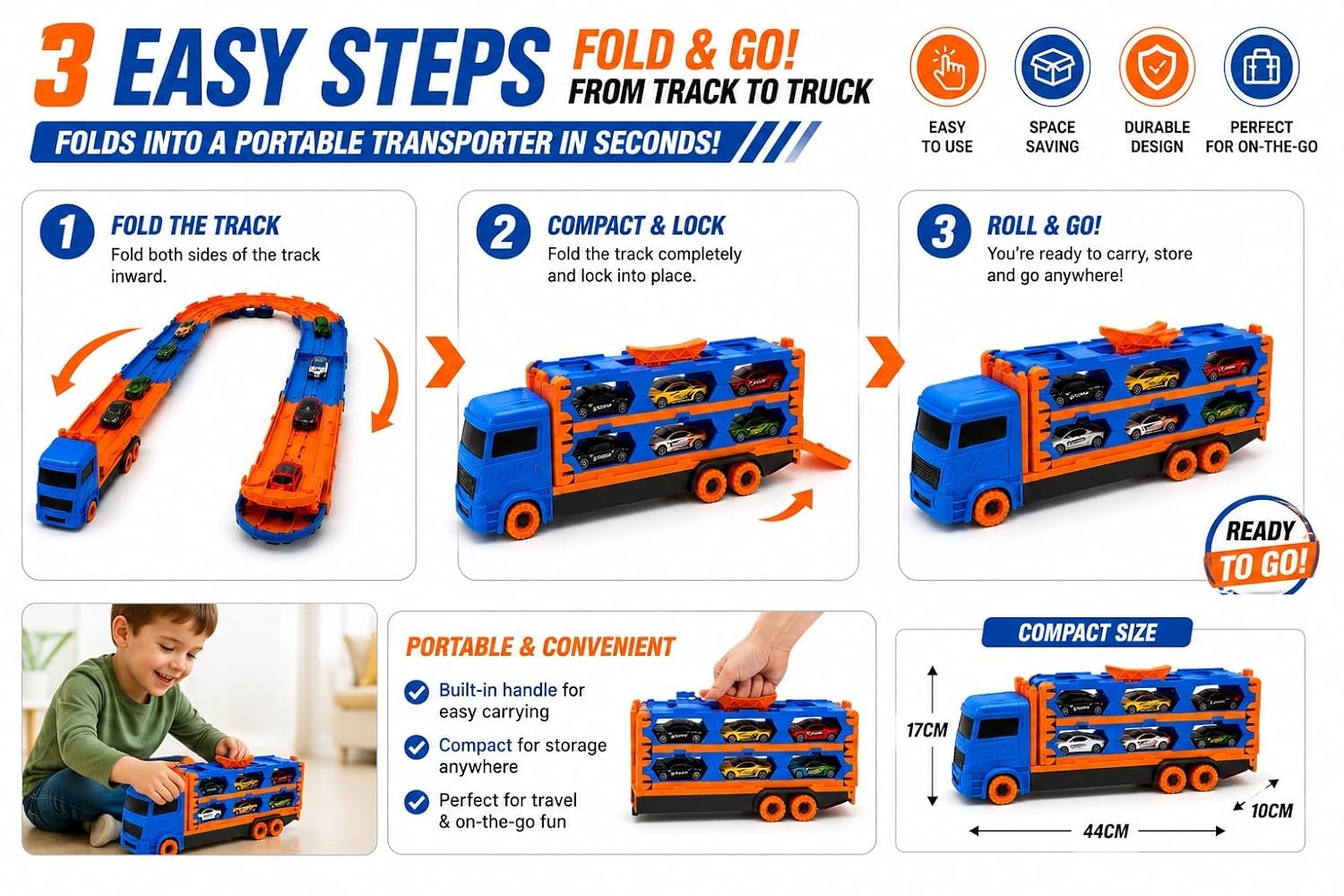 Fold Track Car Transporter Toy Truck with Race Track & 6 Die-Cast Cars