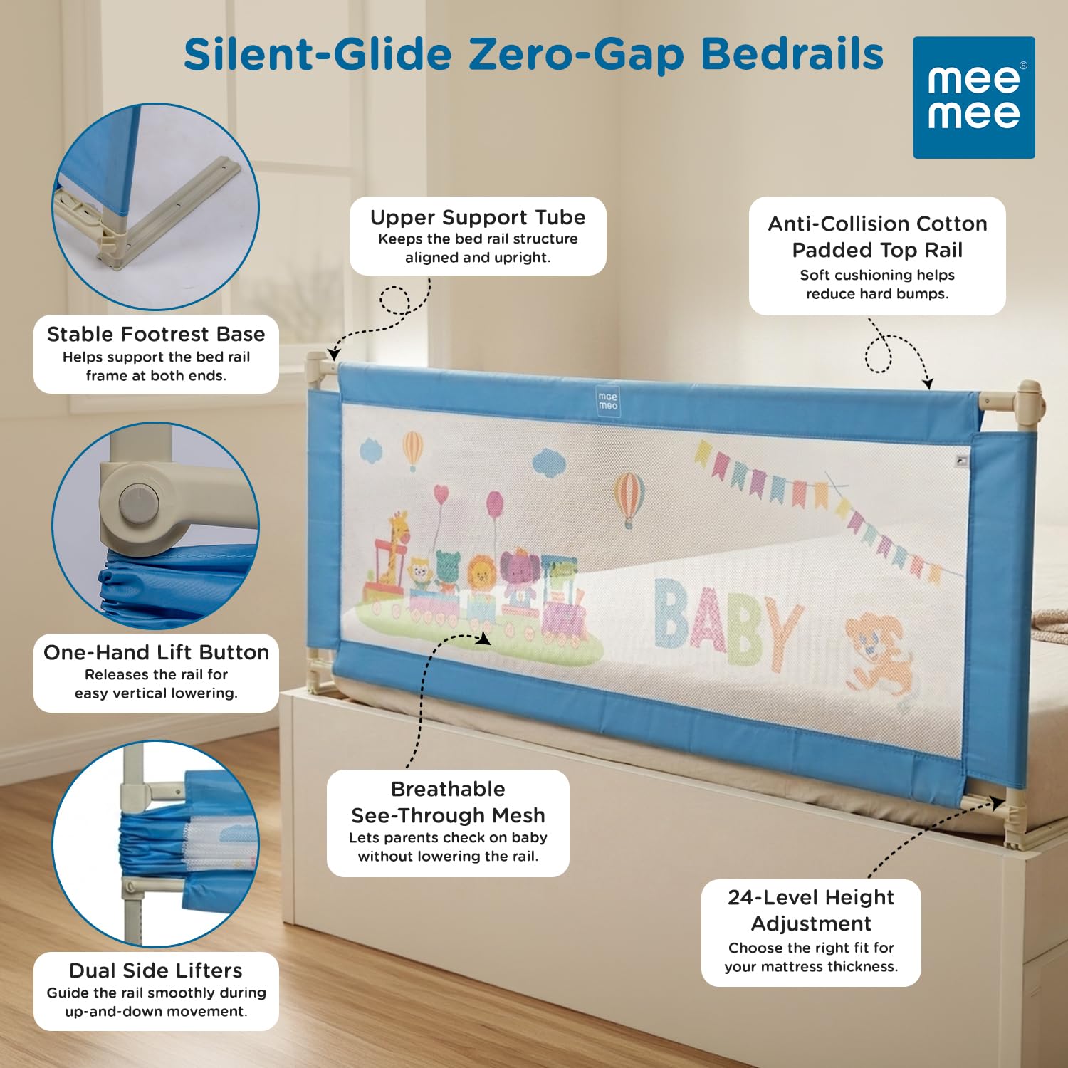 Mee Mee Bed Rail Guard 6 ft (180 × 72 cm) Adjustable Safety Rail for Babies Elephant Print